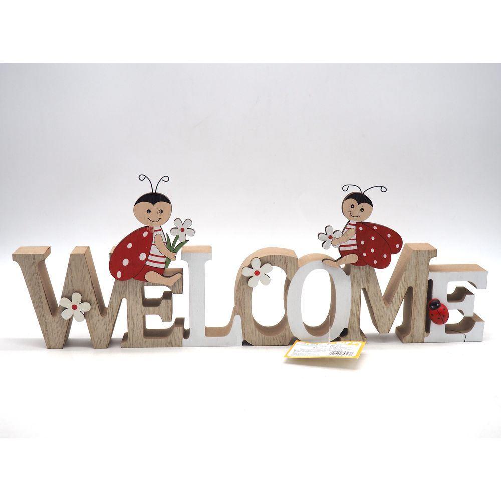 Decoro Legno 'Welcome' C/Coccinelle H.15.5X3X39.5Cm. - Legno - Scritte | Mikasa
