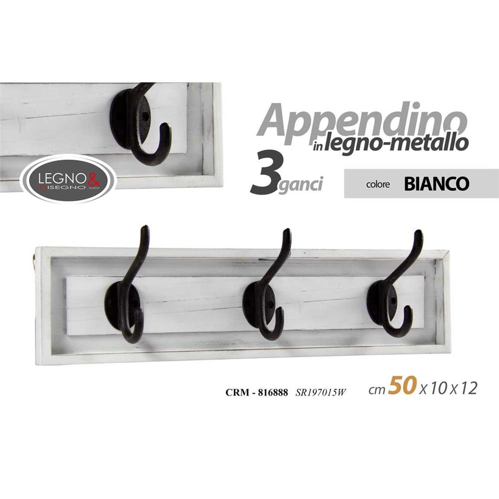 Crm/Appendino 3Ganci 50*10*12 Sr197015W - Legno Bianco - Appendiabiti | Mikasa